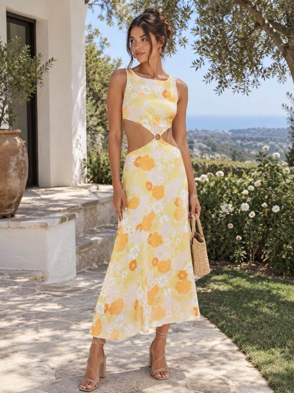 Charlie Holiday Clemence Mod Floral Cutout Midi Dress Yellow Orange Ring Detail